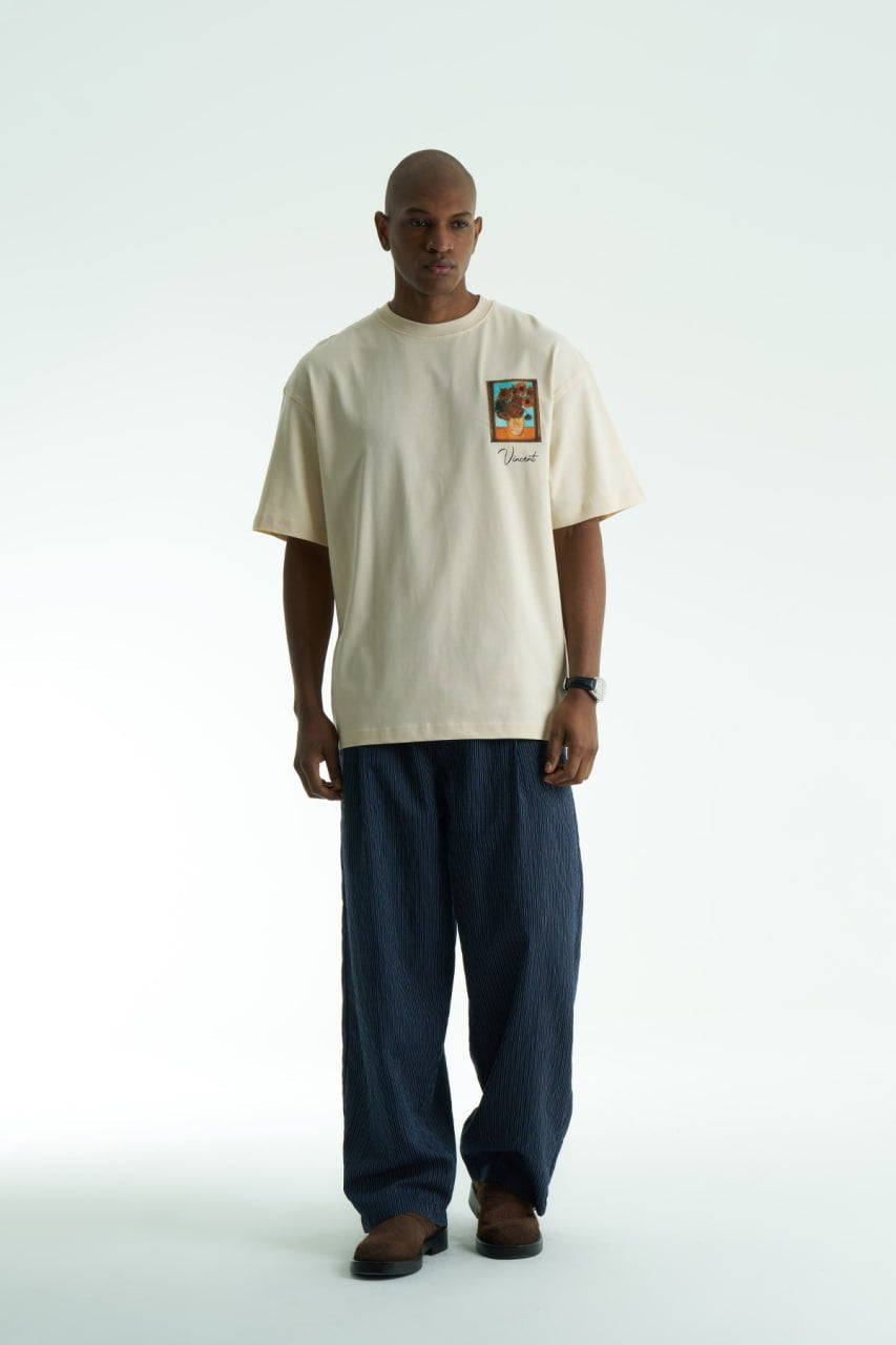 Cream Oversized Vincent Van Gogh graphic cotton T-shirt with chest sunflower patch and large illustrated back print in multiple colors