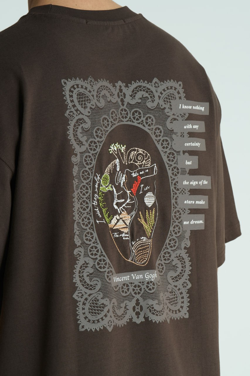 Dark Brown Oversized Vincent Van Gogh graphic crewneck T-shirt with small chest logo and large back artwork, shown in multiple colors