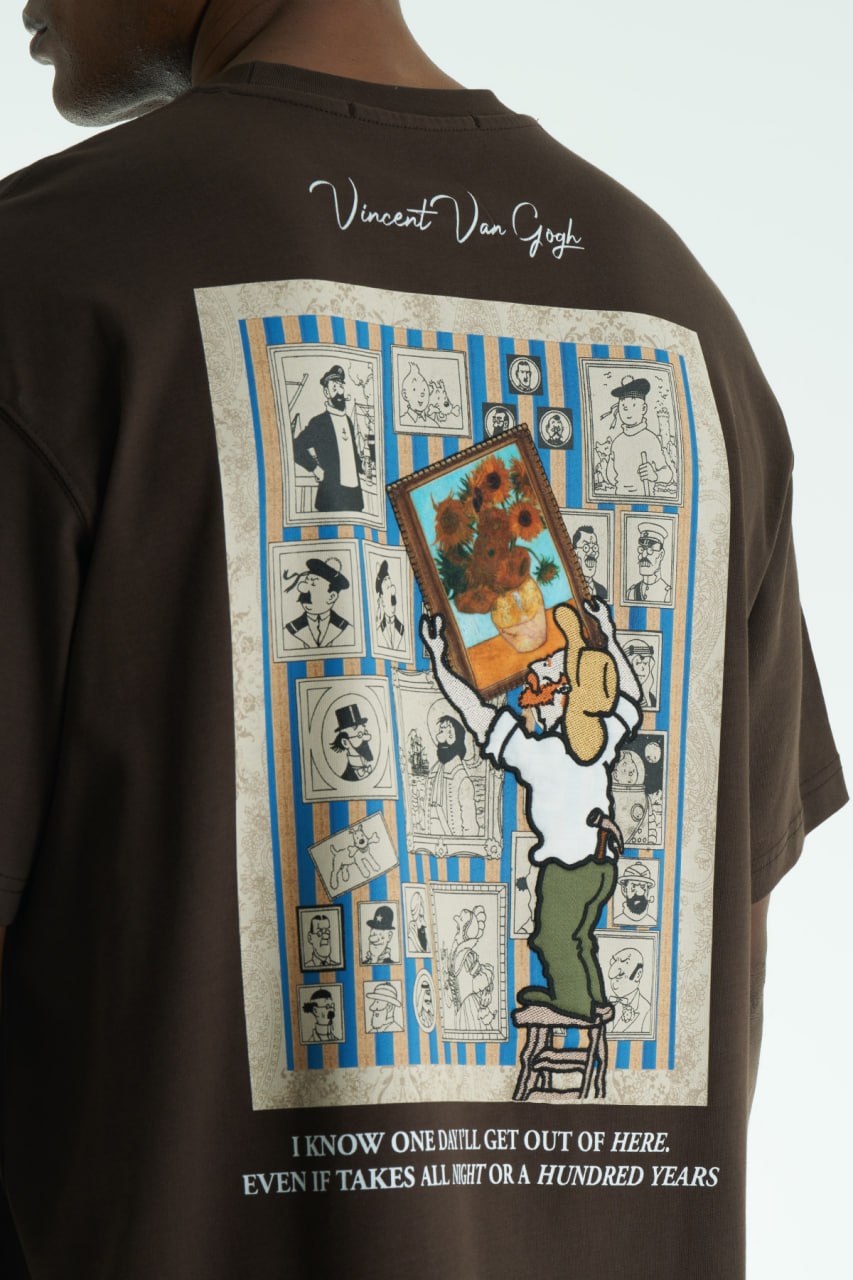 Brown Oversized Vincent Van Gogh graphic cotton T-shirt with chest sunflower patch and large illustrated back print in multiple colors