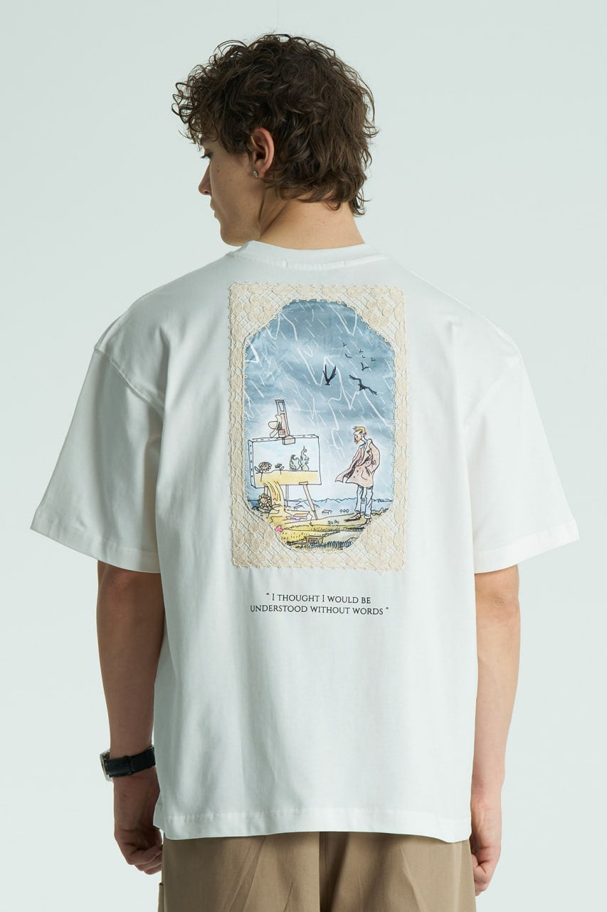 White Sewn oversized crewneck graphic T-shirt with script chest logo and crochet-framed illustrated back print in black and white