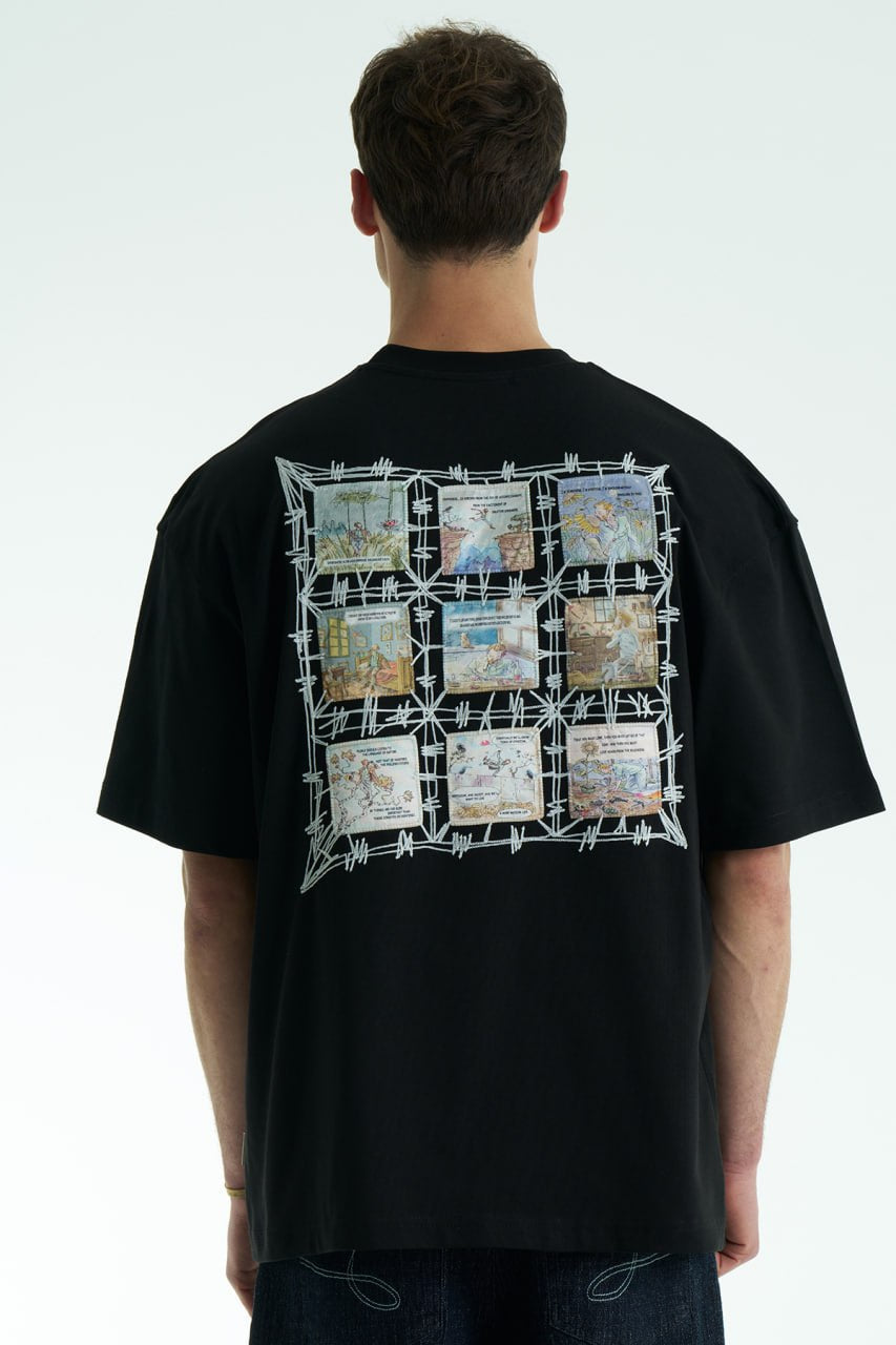 Black Vincent oversized crewneck graphic T-shirt with small chest logo and large illustrated back print, shown in black, white and cream.