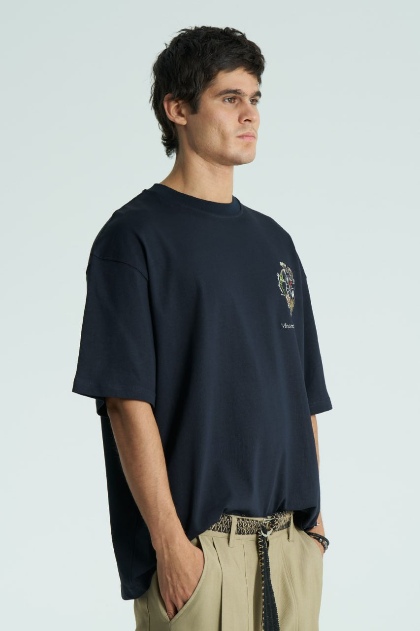 Navy Oversized Vincent Van Gogh graphic crewneck T-shirt with small chest logo and large back artwork, shown in multiple colors
