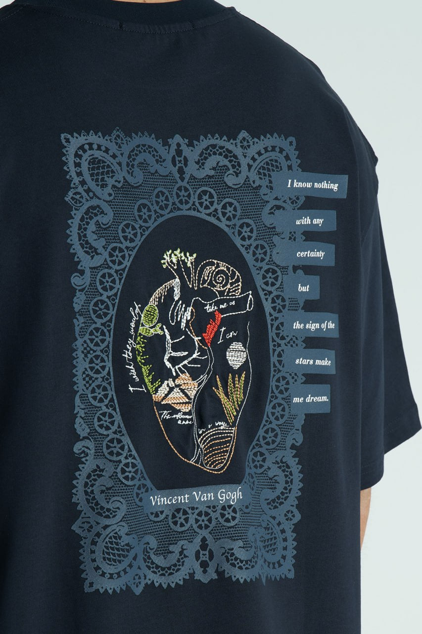 Navy Oversized Vincent Van Gogh graphic crewneck T-shirt with small chest logo and large back artwork, shown in multiple colors