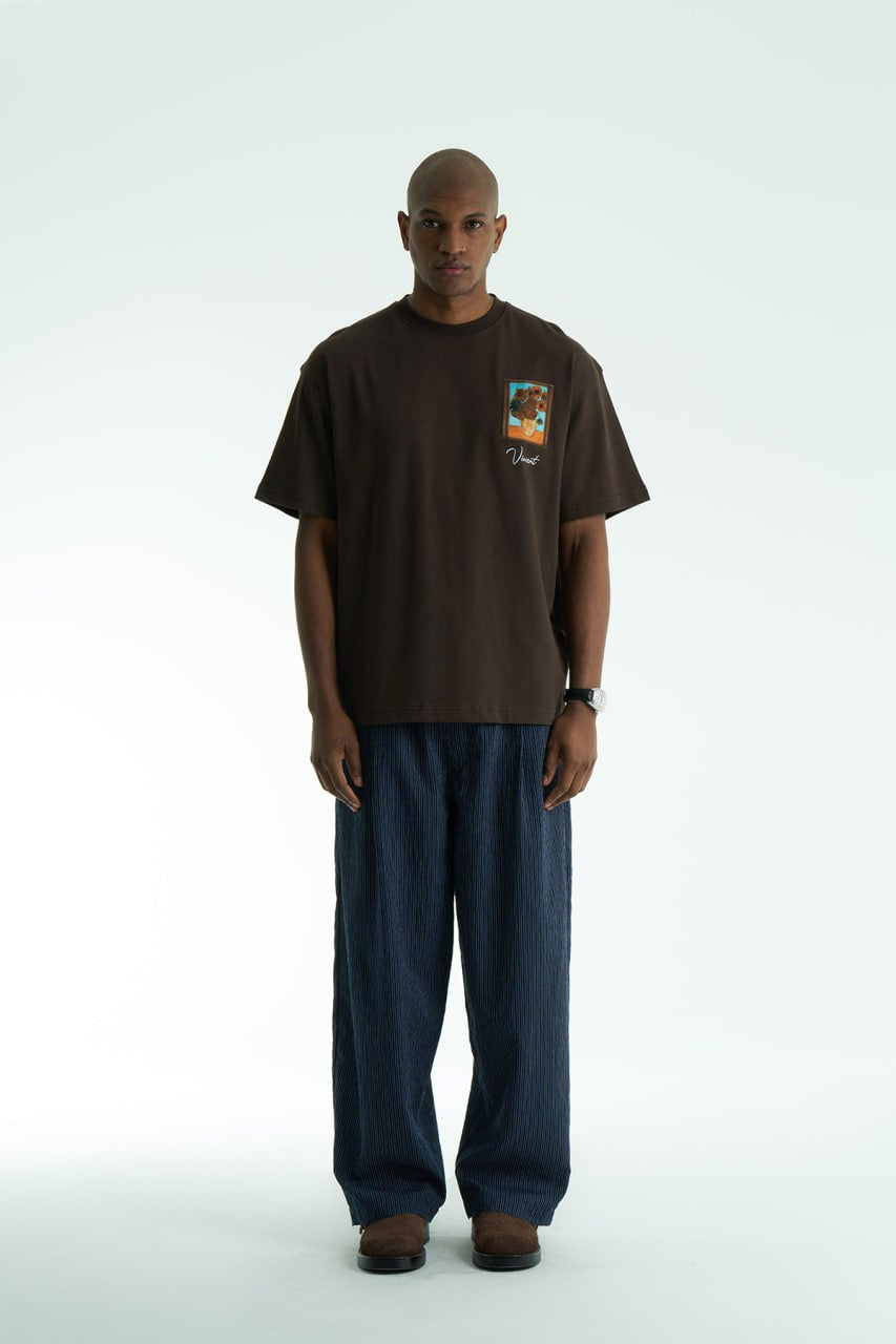 Brown Oversized Vincent Van Gogh graphic cotton T-shirt with chest sunflower patch and large illustrated back print in multiple colors
