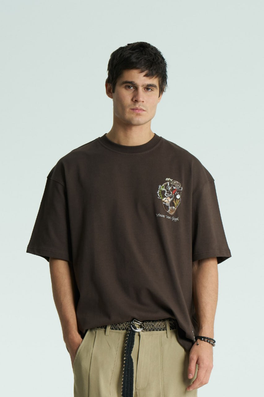 Dark Brown Oversized Vincent Van Gogh graphic crewneck T-shirt with small chest logo and large back artwork, shown in multiple colors