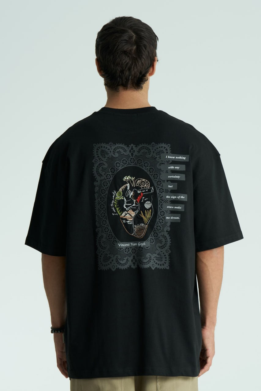 Black Oversized Vincent Van Gogh graphic crewneck T-shirt with small chest logo and large back artwork, shown in multiple colors