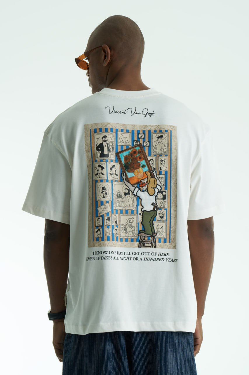 White Oversized Vincent Van Gogh graphic cotton T-shirt with chest sunflower patch and large illustrated back print in multiple colors