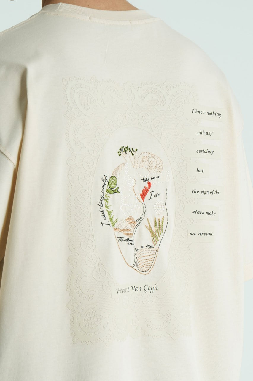 Cream Oversized Vincent Van Gogh graphic crewneck T-shirt with small chest logo and large back artwork, shown in multiple colors