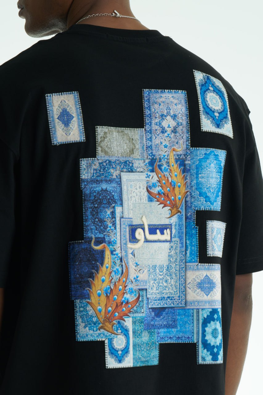 Black Oversized SAVO graphic cotton T-shirt with small chest print and large blue tile-collage back print, shown in multiple colors