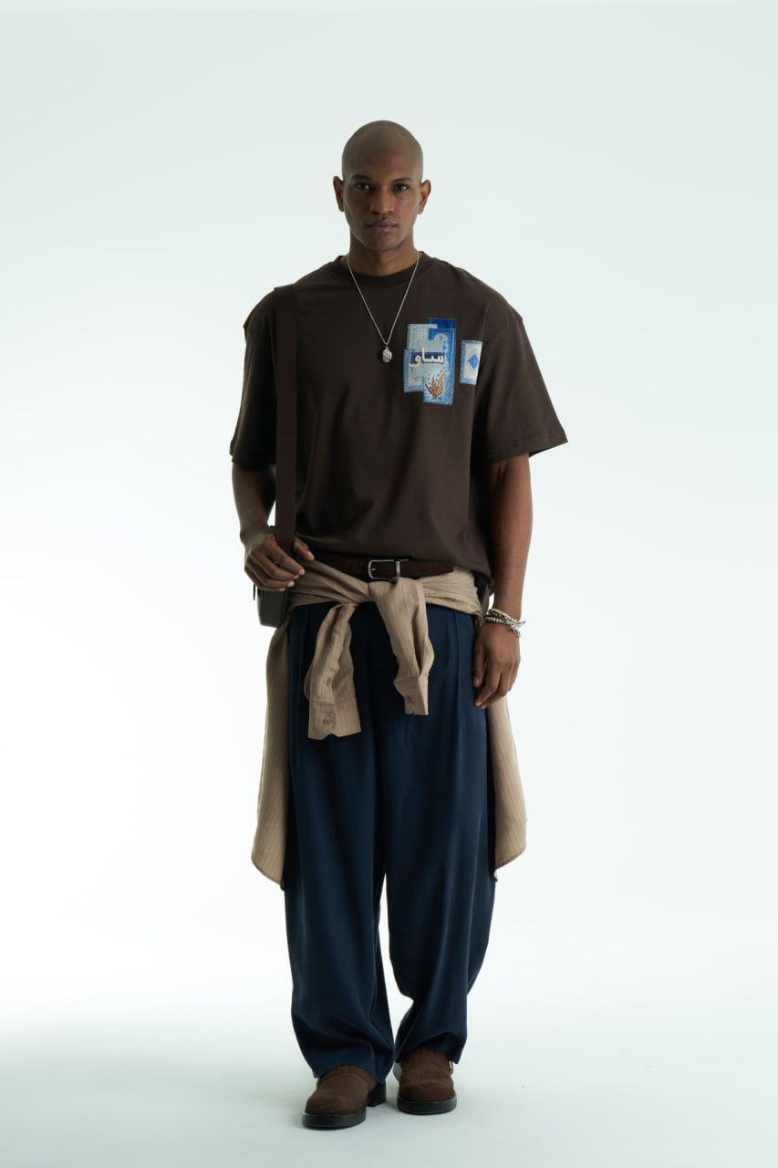 Brown Oversized SAVO graphic cotton T-shirt with small chest print and large blue tile-collage back print, shown in multiple colors