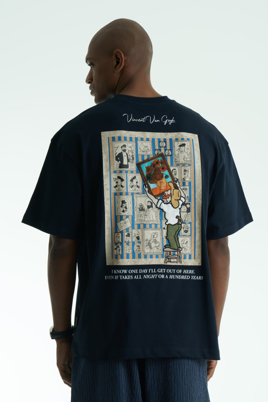 Navy Oversized Vincent Van Gogh graphic cotton T-shirt with chest sunflower patch and large illustrated back print in multiple colors