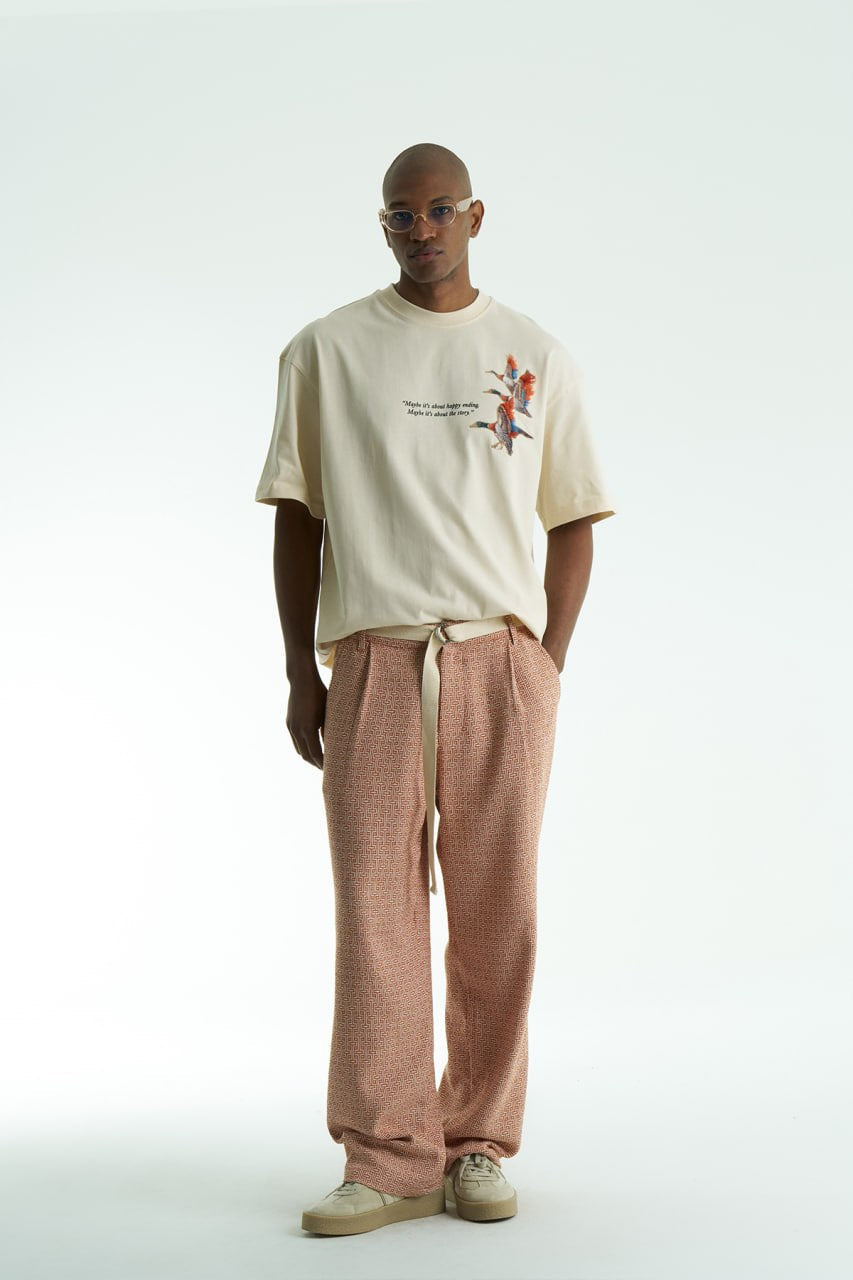 Beige Oversized cotton T-shirt with embroidered flying ducks and quote print, shown in multiple colorways front and back.