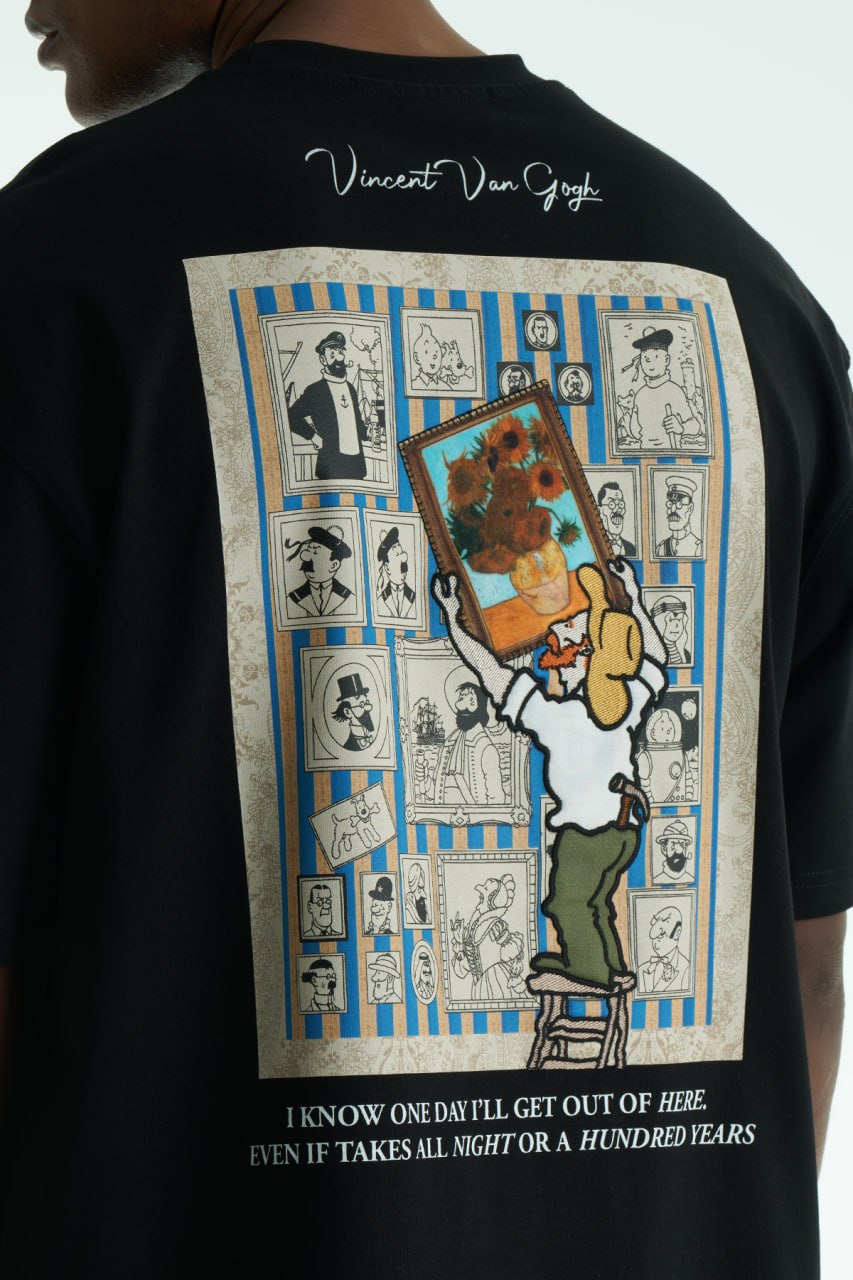 Black Oversized Vincent Van Gogh graphic cotton T-shirt with chest sunflower patch and large illustrated back print in multiple colors