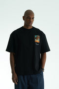 Black Oversized Vincent Van Gogh graphic cotton T-shirt with chest sunflower patch and large illustrated back print in multiple colors
