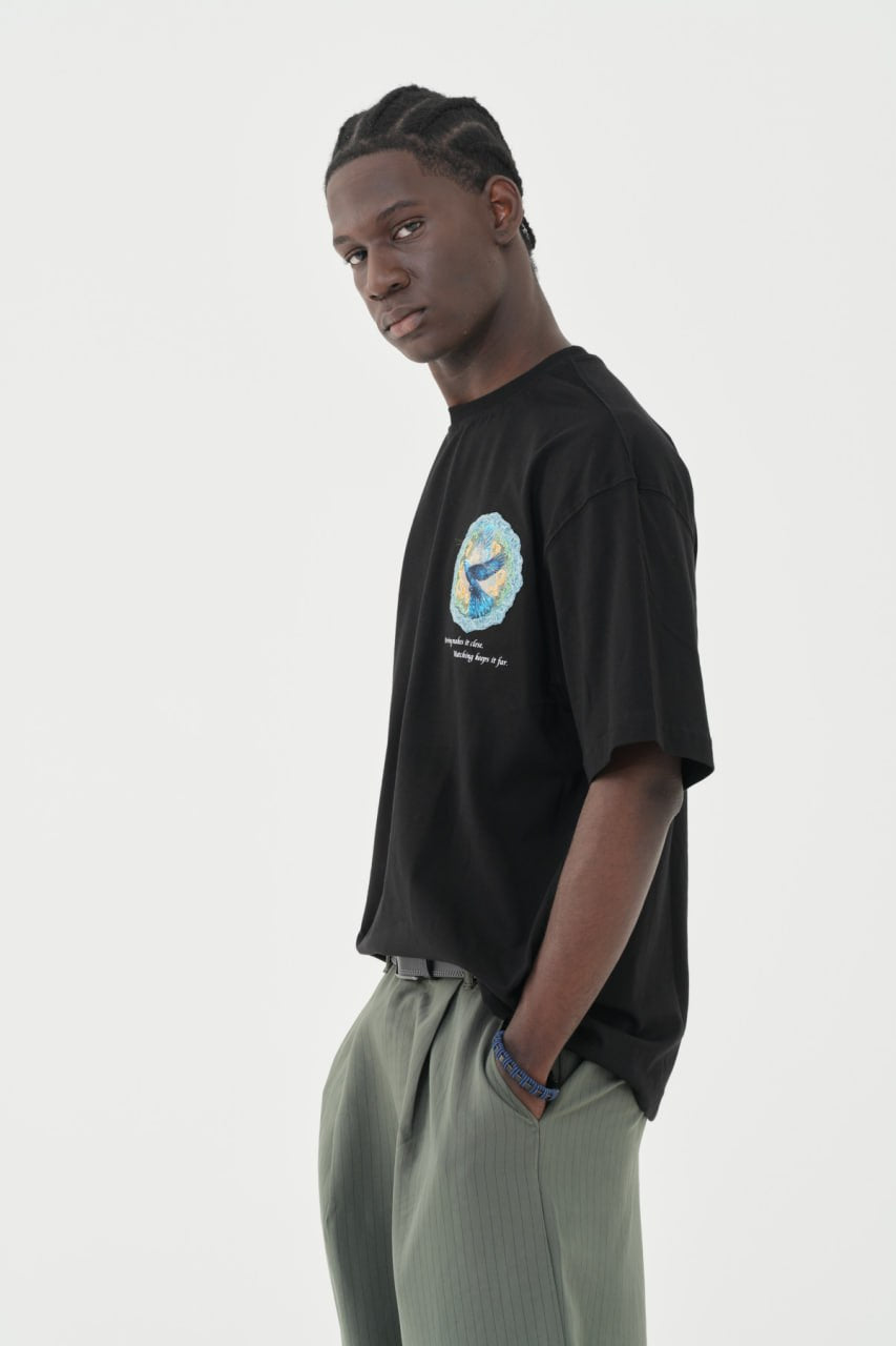 Black Oversized Graphic T-Shirt with Blue Bird Back Print