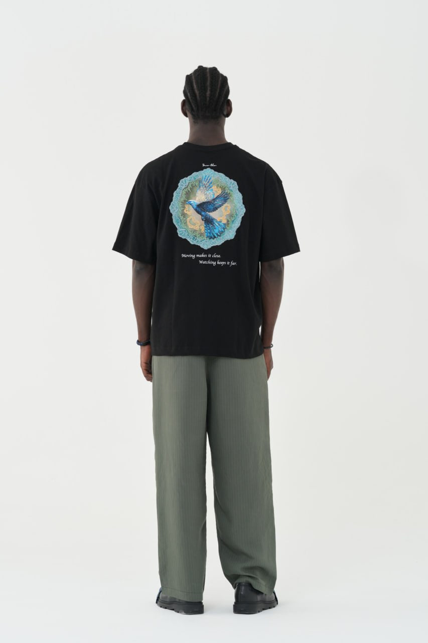 Black Oversized Graphic T-Shirt with Blue Bird Back Print