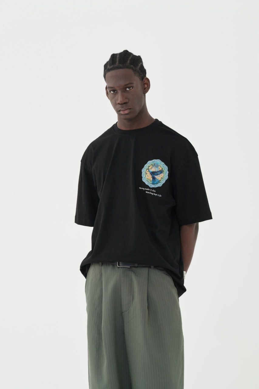 Black Oversized Graphic T-Shirt with Blue Bird Back Print