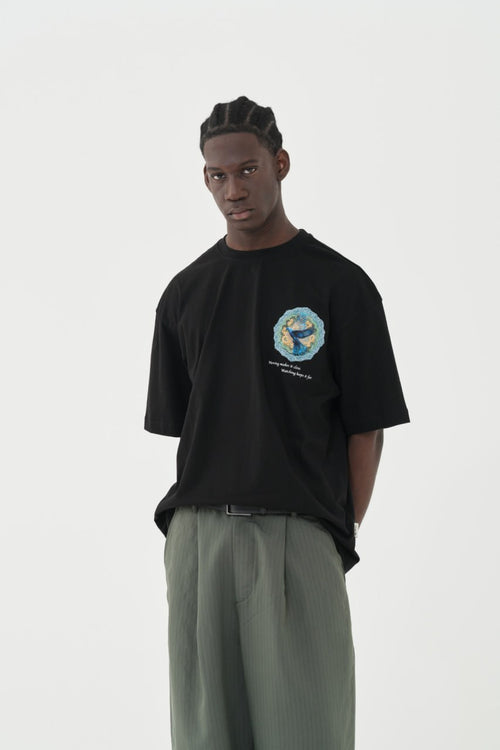 Black Oversized Graphic T-Shirt with Blue Bird Back Print