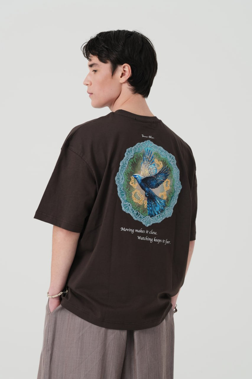 Black Oversized Graphic T-Shirt with Blue Bird Back Print