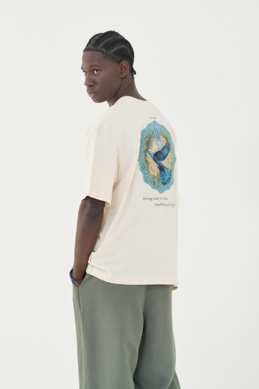Black Oversized Graphic T-Shirt with Blue Bird Back Print