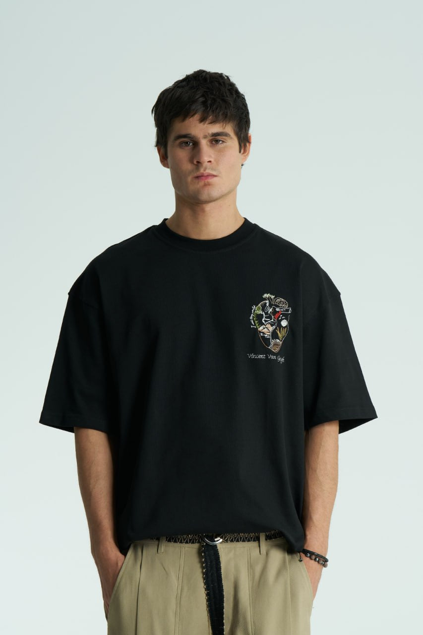 Black Oversized Vincent Van Gogh graphic crewneck T-shirt with small chest logo and large back artwork, shown in multiple colors