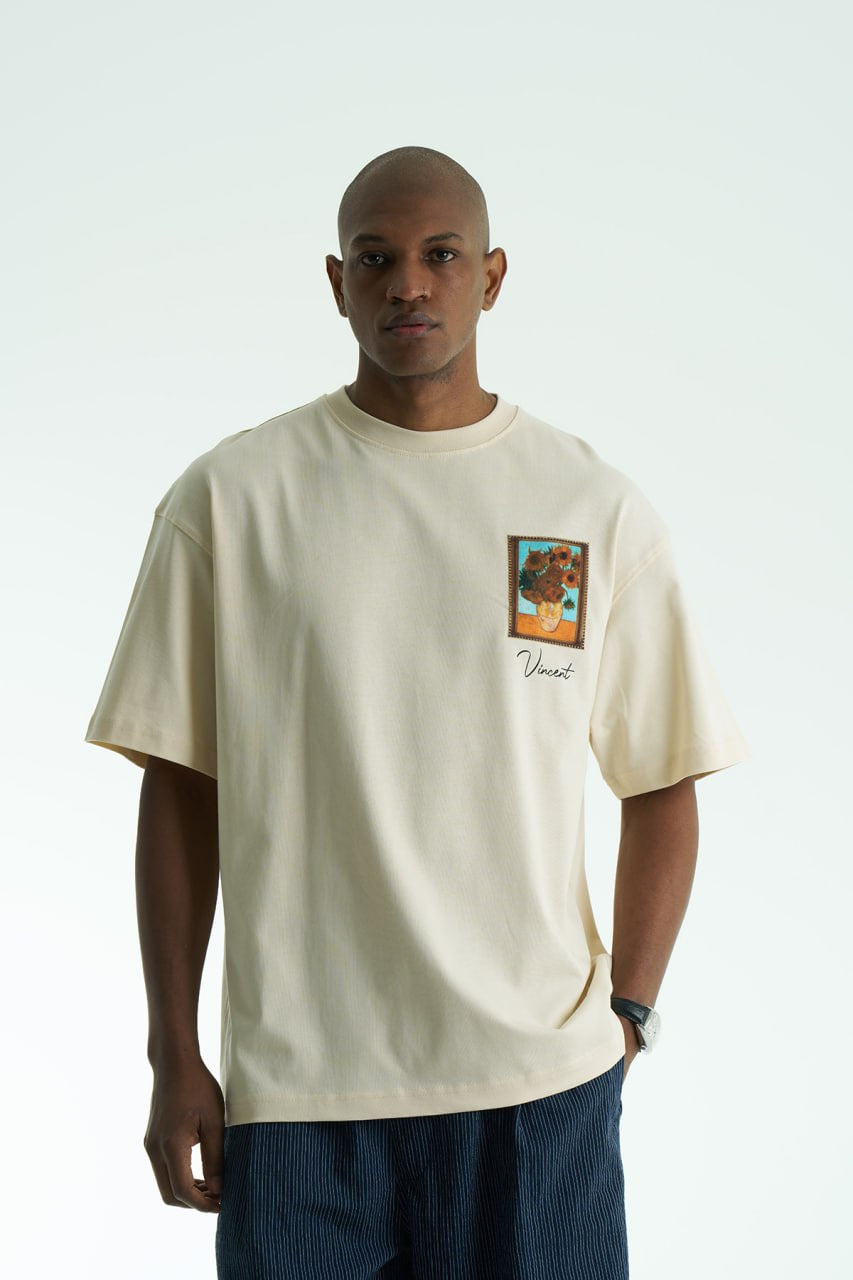 Cream Oversized Vincent Van Gogh graphic cotton T-shirt with chest sunflower patch and large illustrated back print in multiple colors