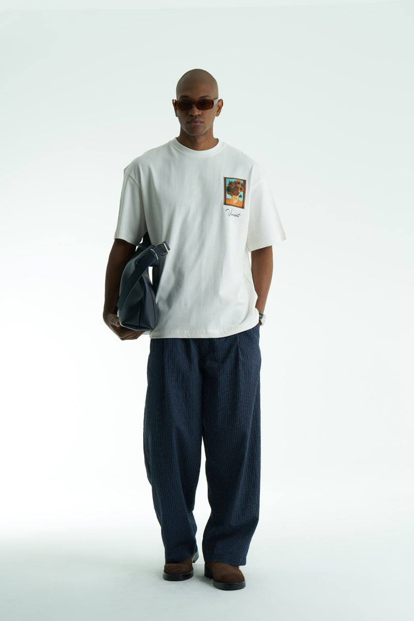 White Oversized Vincent Van Gogh graphic cotton T-shirt with chest sunflower patch and large illustrated back print in multiple colors