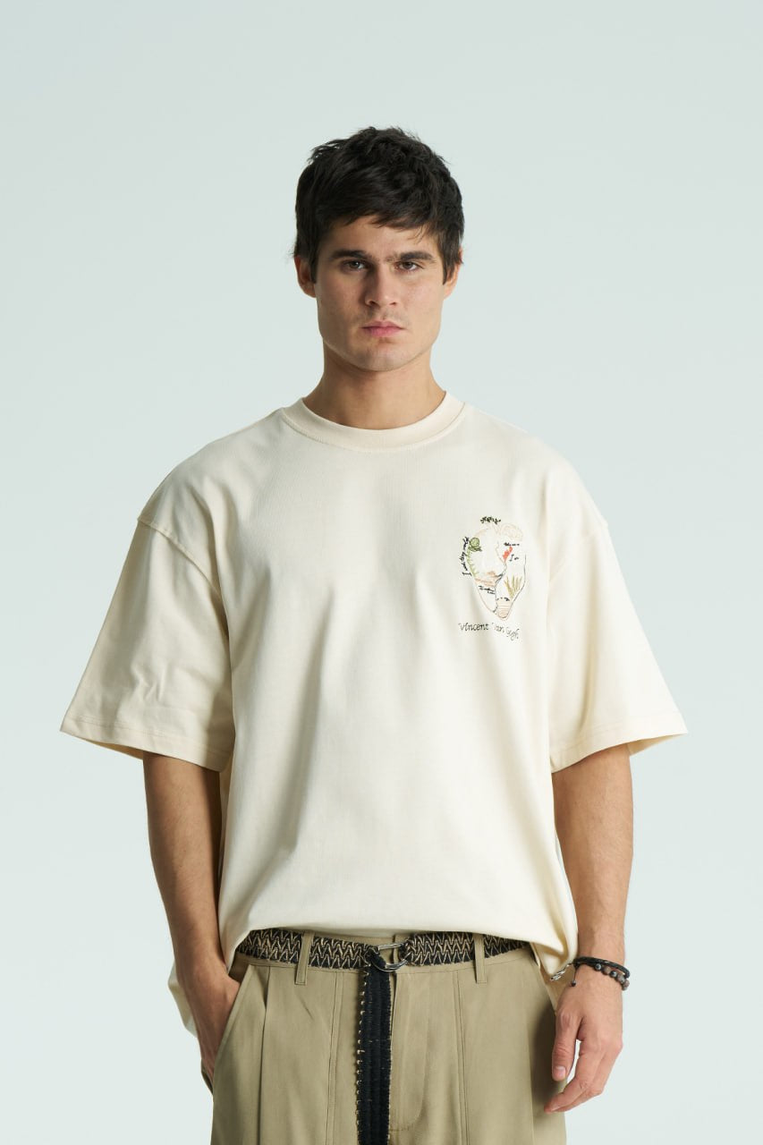 Cream Oversized Vincent Van Gogh graphic crewneck T-shirt with small chest logo and large back artwork, shown in multiple colors