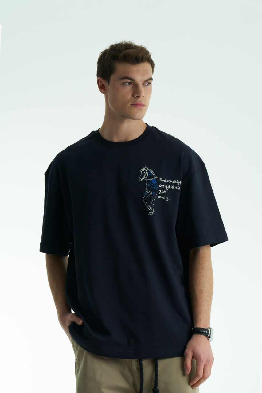 Navy Oversized graphic T-shirt with chest print and large back horse-and-hat artwork reading “Eventually, everything goes away.”